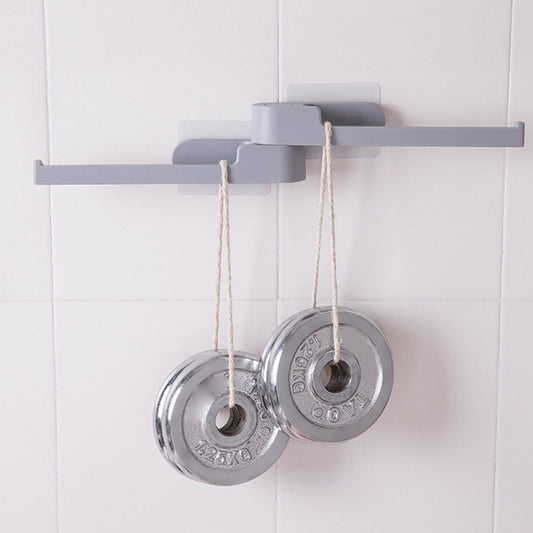 Gray wall hook with two rotating metal hooks and hanging ropes