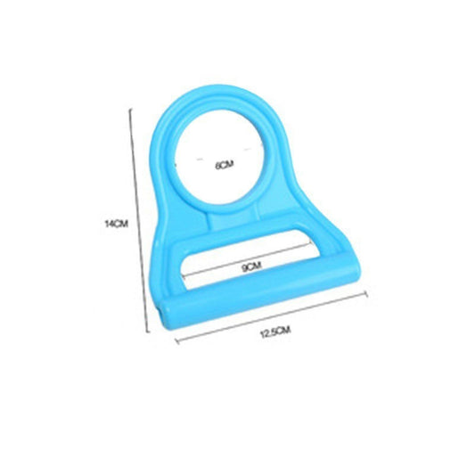 Light blue plastic water bottle lifter handle with size markings