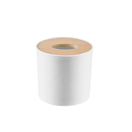 Round tissue box holder with central roll opening, white cylinder case