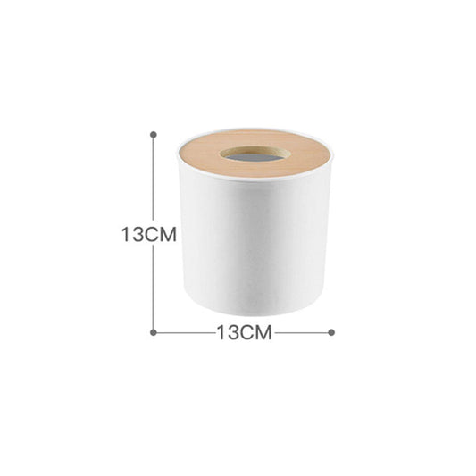 Round white tissue box holder, 13cm wide and tall, top slot opening