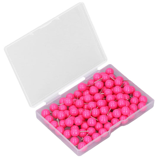 Rose pink push pins in a clear plastic box, silver tips and round ball heads