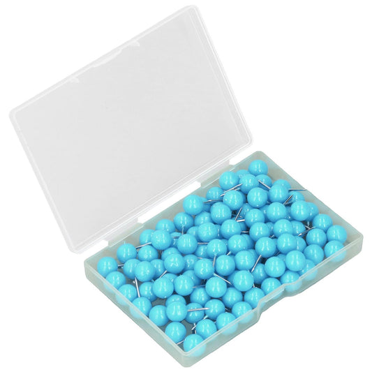 Corkboard push pins set, blue plastic heads and steel tips in open storage case