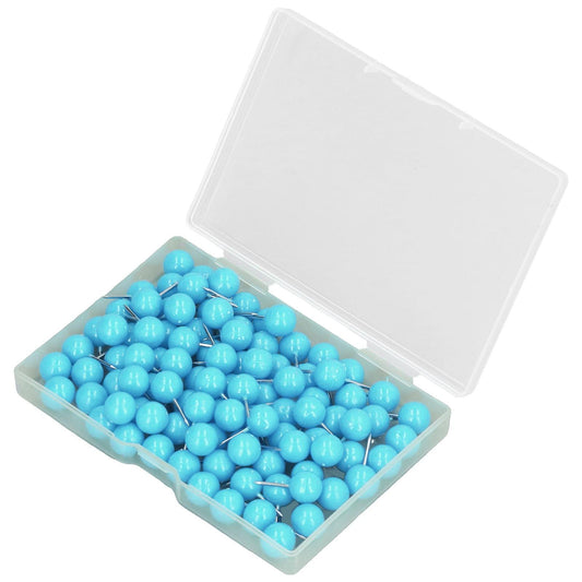 Blue push pins set with steel tips and plastic heads, shown in open storage case