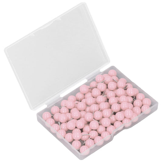 Pink push pins in clear plastic case with open lid