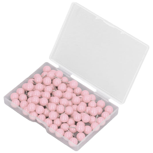 Pink push pins in clear plastic case with open lid