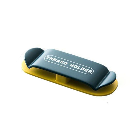 Wall-mounted power plug holder, dark blue with yellow base and THREADED HOLDER label.