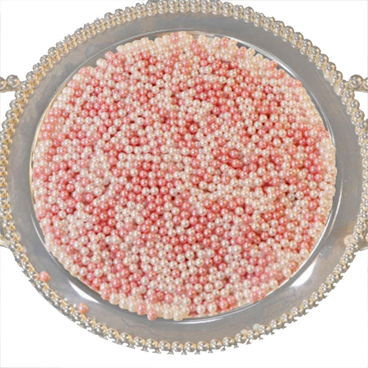 Round pearl bead mix tray with pink and white beads and jeweled silver rim