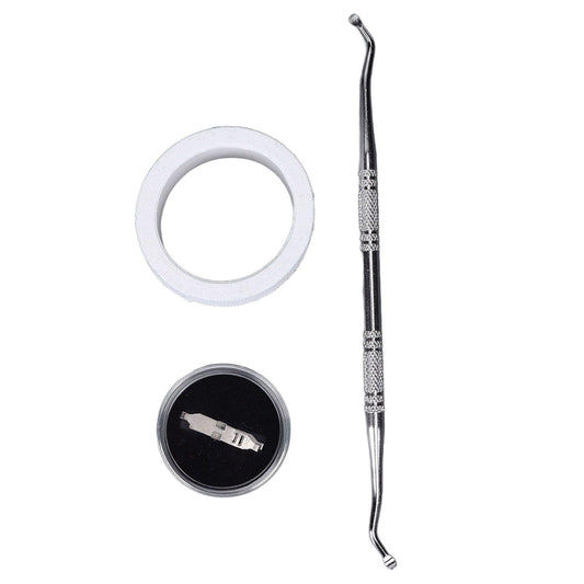 Toenail correction tool with curved metal tip, plus white ring and small case