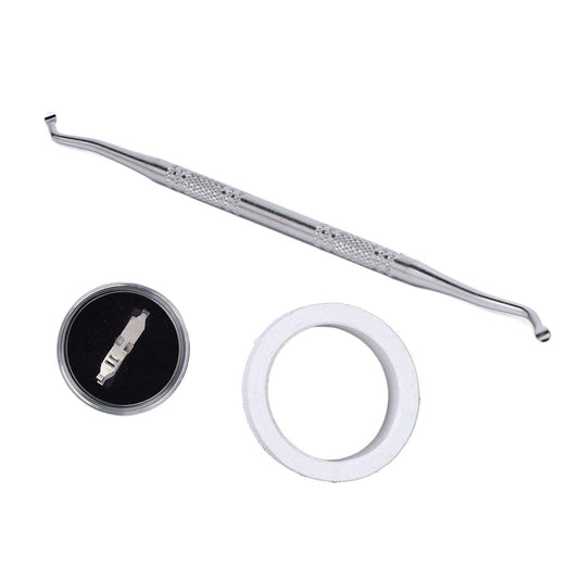 Straight metal nail correction tool with textured grip, with white ring and case