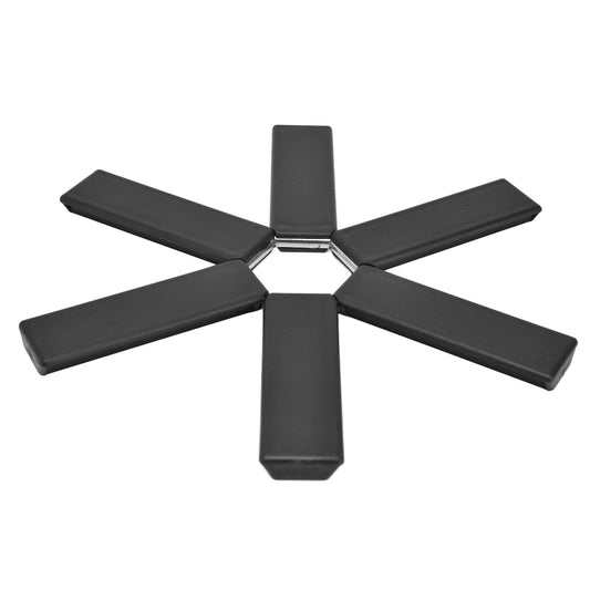 Foldable black heat-insulating trivet with five star legs and metal center hinge