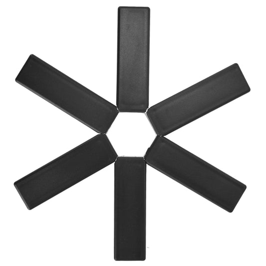 Foldable black heat-insulating trivet with five angled legs and metal center joint
