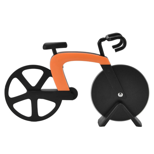 Bicycle-shaped pizza cutter with orange handle and black wheels, rotary wheel blade.