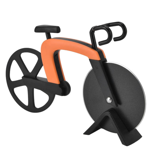 Bicycle pizza cutter tool with orange frame, black wheel spokes, and round cutting wheel.