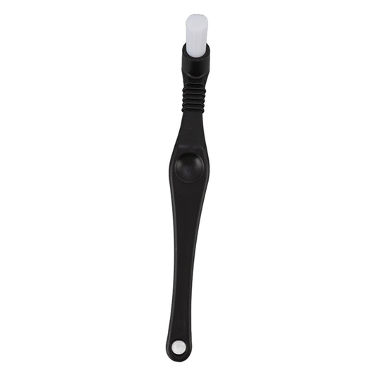 Coffee machine cleaning brush with long black handle and white nylon bristles