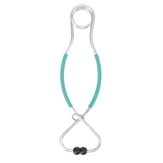 Livestock nose pliers with teal loops and black traction beads on silver metal frame.