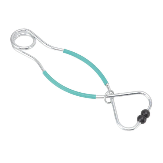 Livestock nose pliers, teal cord, silver metal nose clamp with black bead traction.