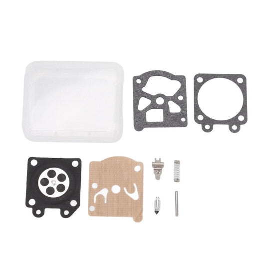 Carburetor gasket kit with clear case, dark and tan gaskets, screws, and fasteners