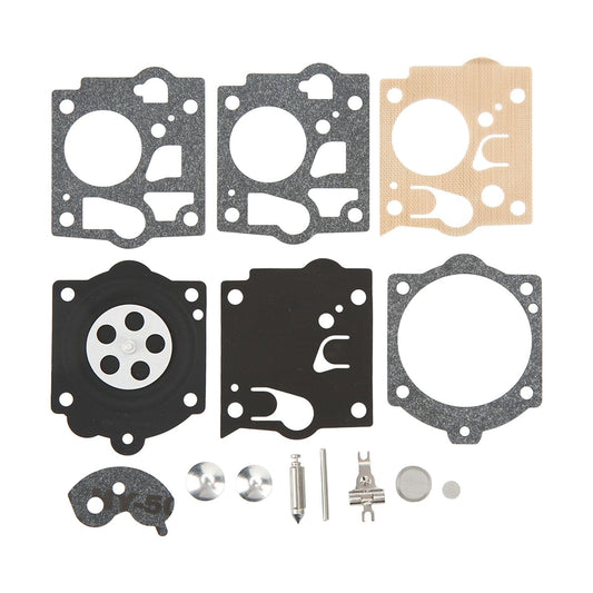 Carburetor gasket kit with multiple carburetor gaskets, diaphragm pieces, and screws