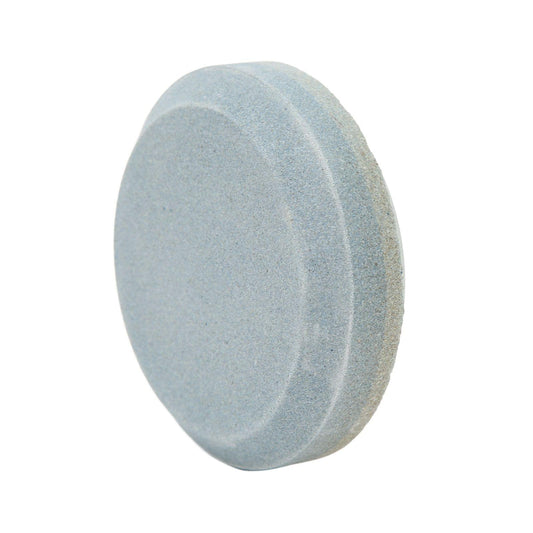 Double-sided round sharpening stone, light blue-gray, curved side view.
