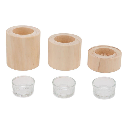Wooden candle cup holders with glass cups, three light wood cylinder bases and three inserts