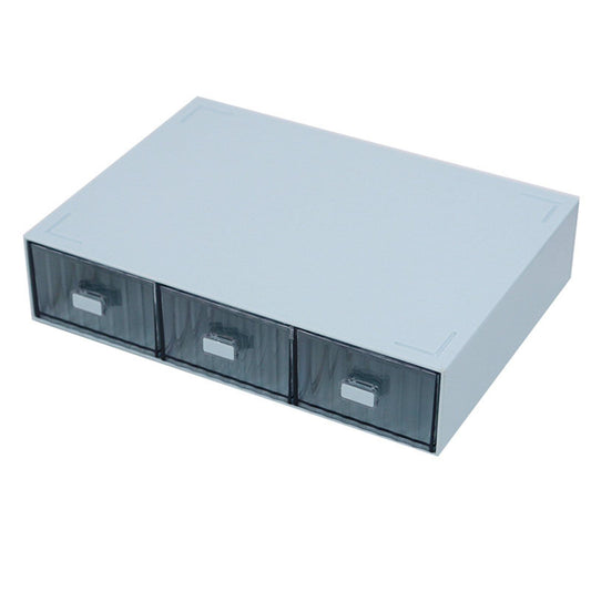 Light blue plastic desktop drawer organizer with three translucent drawer compartments