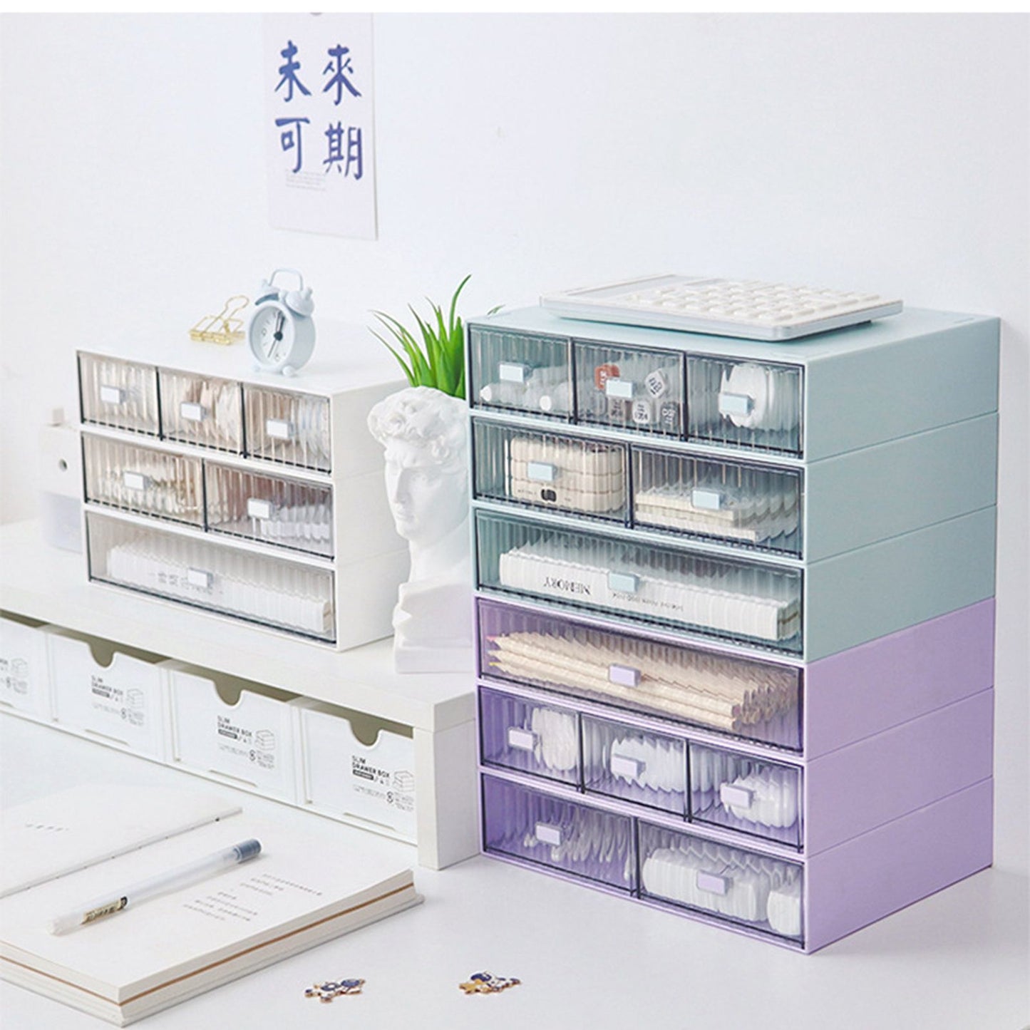 Desktop Drawer Organizer Waterproof Dustproof Plastic DIY Combination Multi Layer Stackable Drawer Storage Case Striped Blue 3 Drawers