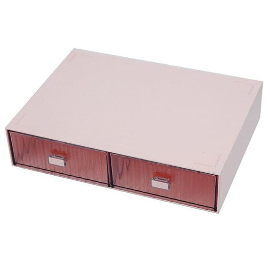 Pink plastic drawer organizer with two clear drawers and metal pulls