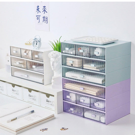 Stackable drawer organizer with clear-front storage drawers in mint and purple