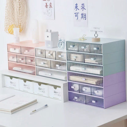 Desktop Drawer Organizer Waterproof Dustproof Plastic DIY Combination Multi Layer Stackable Drawer Storage Case Striped Pink 3 Drawers