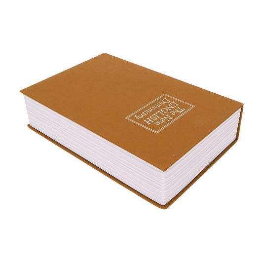 Brown book safe with embossed cover label and stacked page-style edges