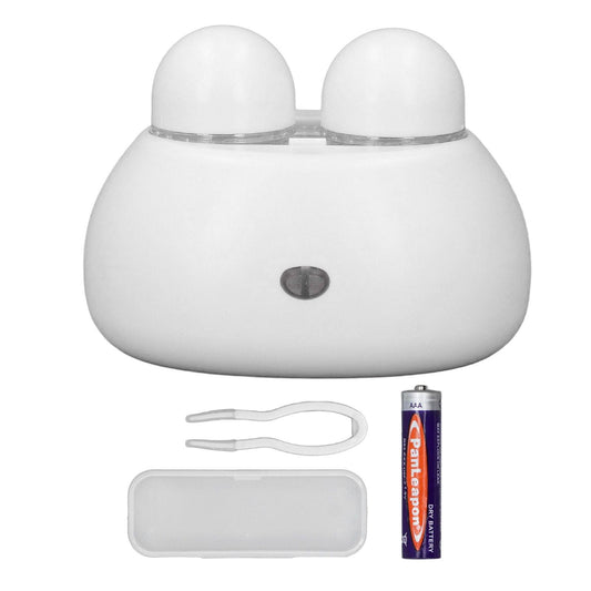 White contact lens cleaner machine with two domes, tools, case, and cleaning solution
