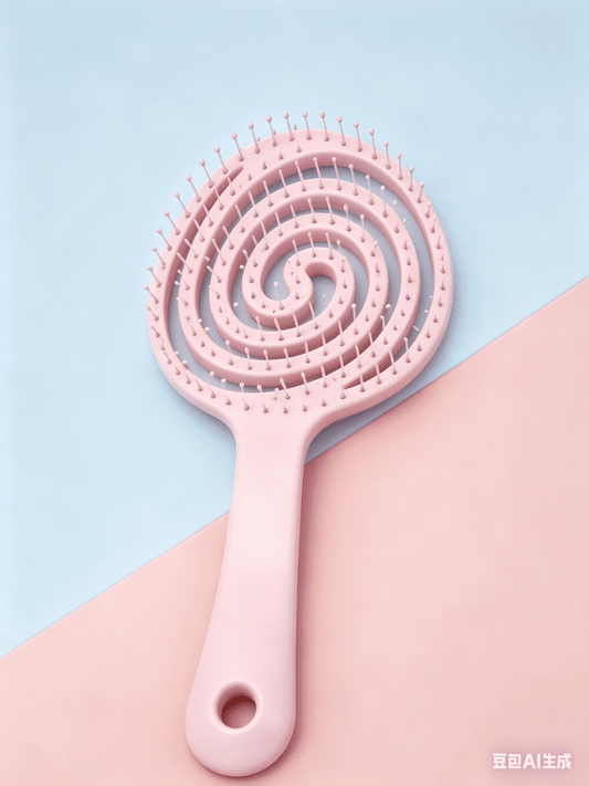 Volumizing massage comb with pink spiral bristles and ergonomic handle