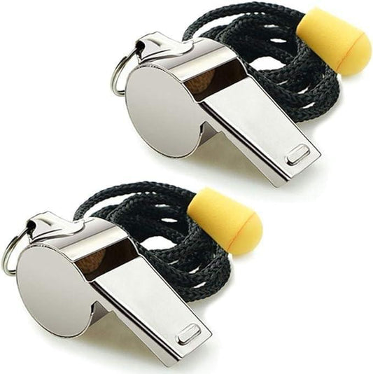Stainless steel referee whistle with black nylon lanyard and yellow adjustable bead