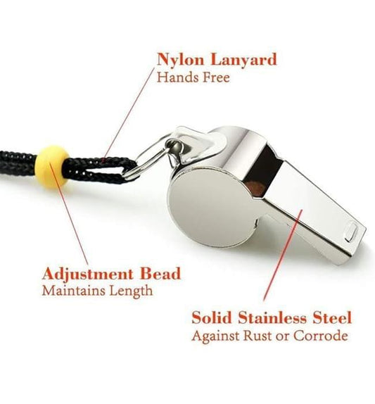Stainless steel whistle with black nylon lanyard and yellow adjustment bead