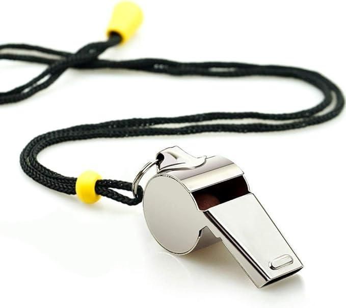 2PCS Stainless Steel Whistle Survival Tool Sports Referee Whistle with Adjustable Bead Lanyard-Silver