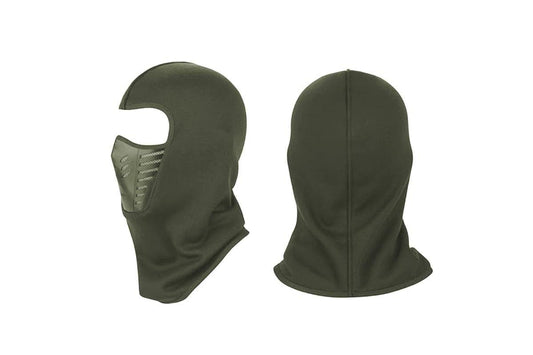 Olive green motorcycle face mask balaclava, front and back view