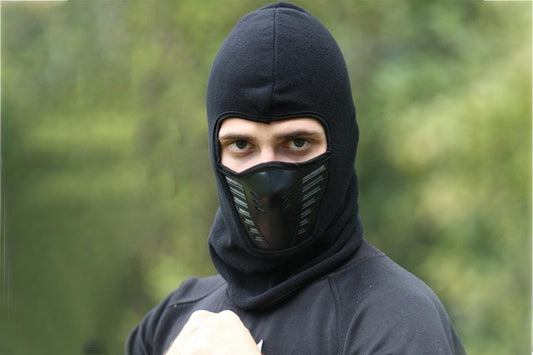 Black balaclava face mask with hood and ventilated facial panel worn over face