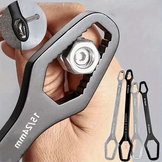 Black adjustable self-tightening box wrench in foam tray with silver jaw insert