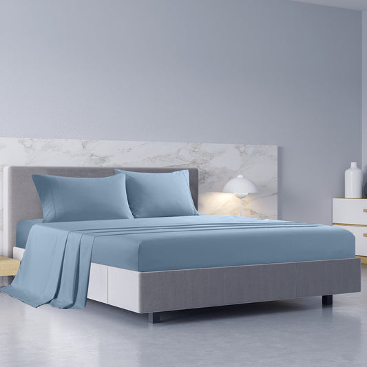 King bed sheet set with matching pillowcases in blue fog