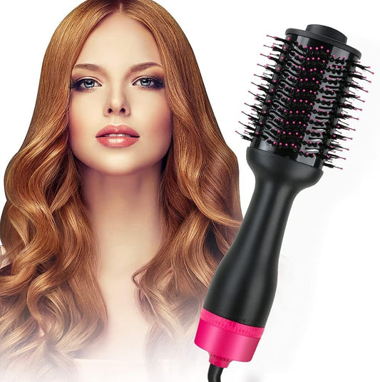 Black and pink hot air hair dryer brush with raised bristles on a round head