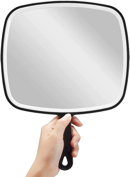 Black handheld mirror with rounded square frame and short handle, large size