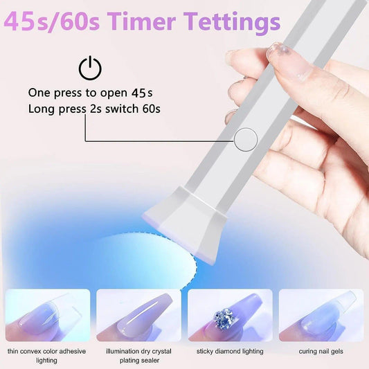 Handheld UV LED nail dryer lamp with side button and glowing curing light