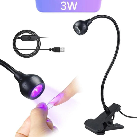Portable UV LED nail lamp with flexible gooseneck and clip stand, glowing purple lens