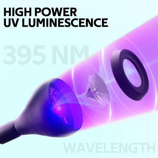 UV LED nail lamp head with glowing purple light and protective ring, flexible neck