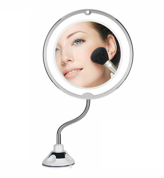 LED magnifying makeup mirror with round lit frame, flexible neck, and base stand