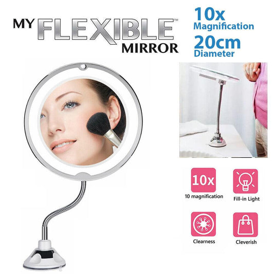 Round LED magnifying makeup mirror with flexible gooseneck and circular mirror head
