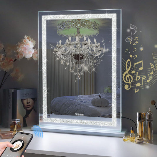 LED vanity mirror with crystal-style border and bright illuminated frame, 80 cm size