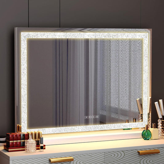 LED vanity mirror with illuminated border and stand, showing reflections in a room