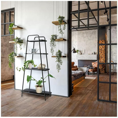 4-tier modern plant stand with dark metal shelves and curved top handle