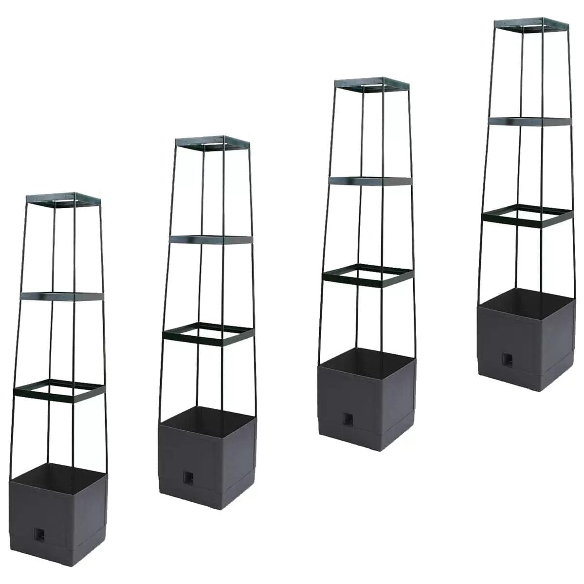 3-tier tomato tower planter with dark rectangular base and square metal frame